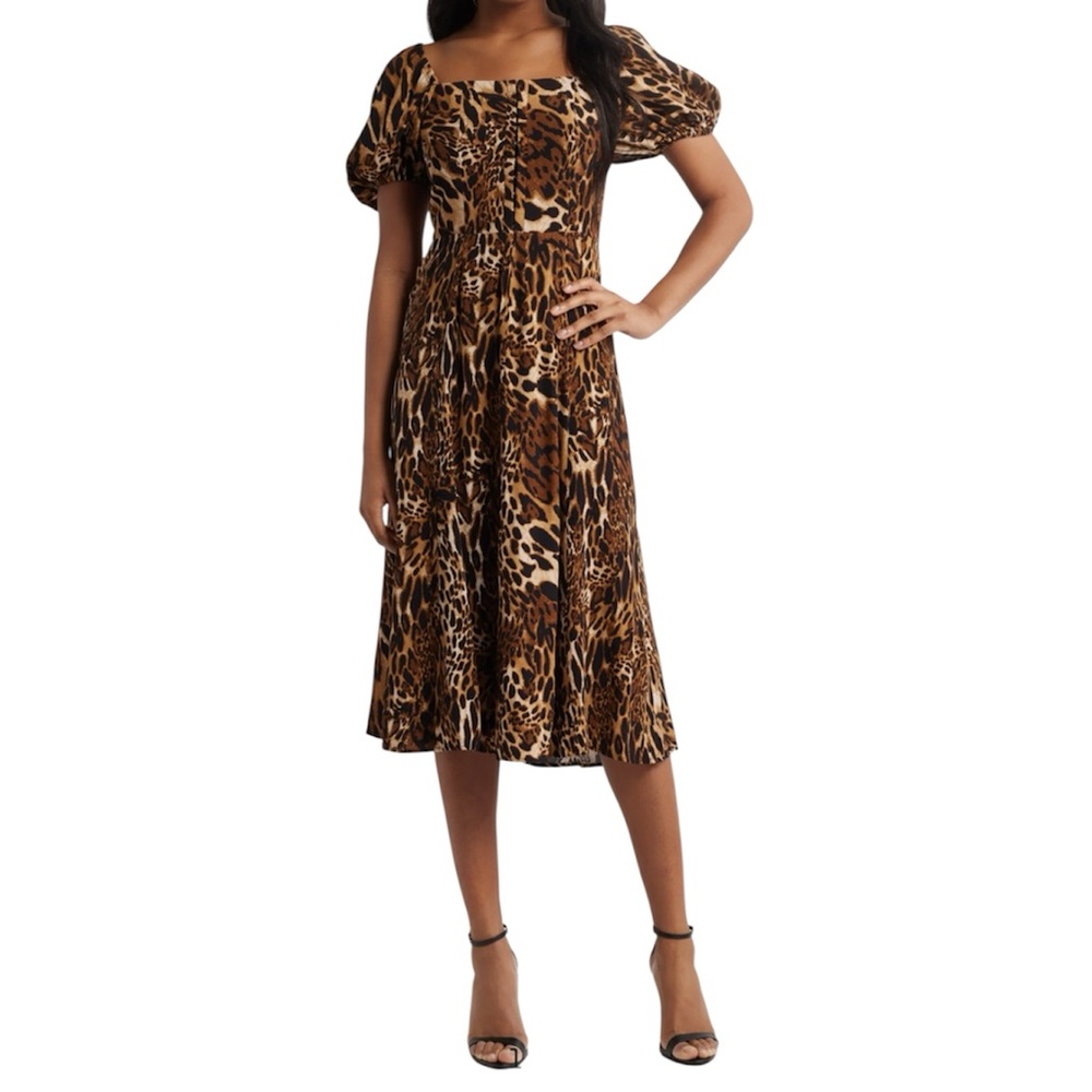 WAYF Leonie Leopard Print Puff Sleeve Midi Dress XS 🐆🤎🖤